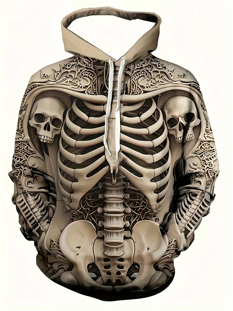 Spring Men's New Athletic Casual Hoodie 2025 New 3D Skull Print Design Daily Outdoor Streetwear Men's Crew Neck Pullover