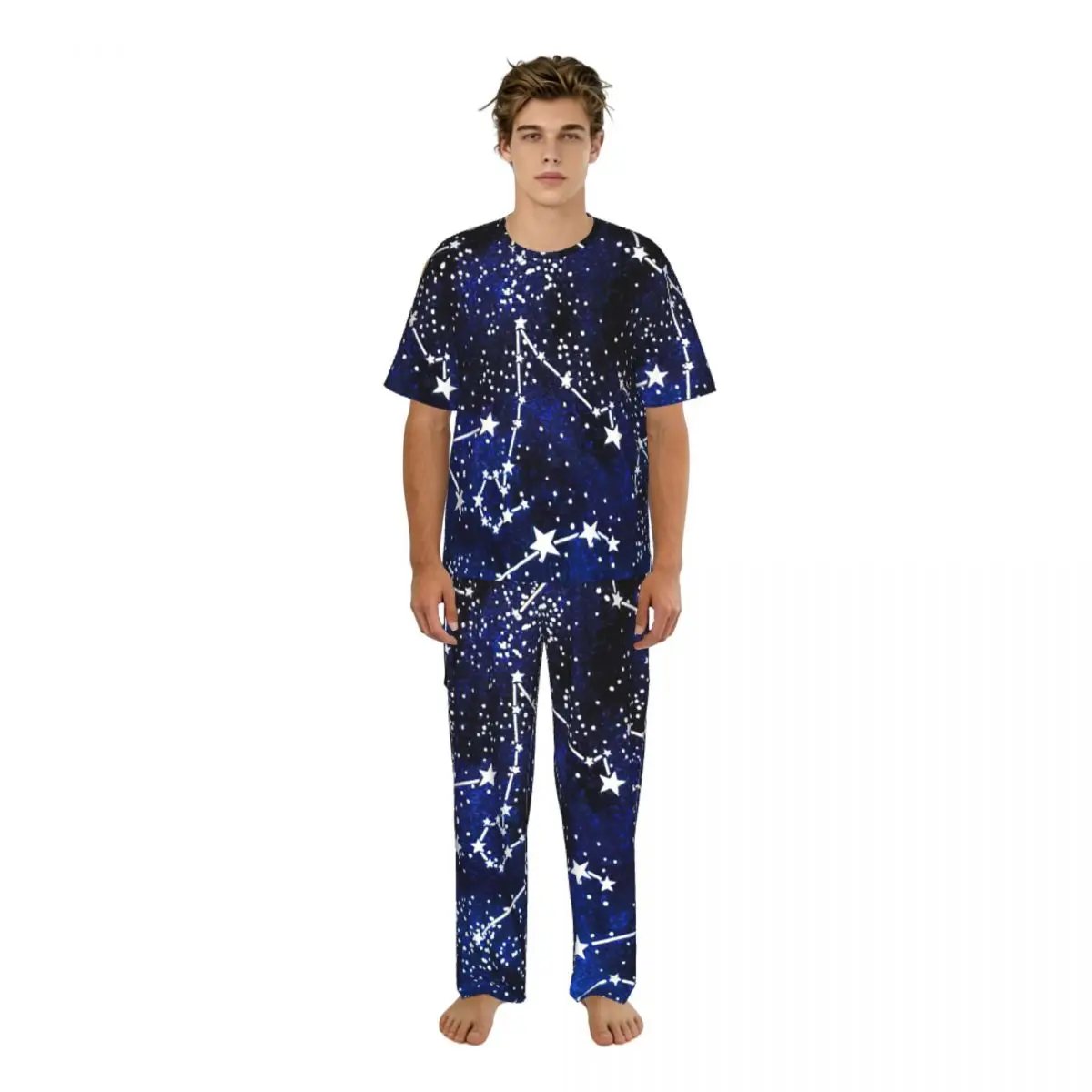 

Мужской пижамный костюм с короткими рукавами и длинными брюками, одежда для сна с изображением созвездий и звезд, летний комплект домашней одежды