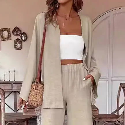 2024 New Autumn Suit  Cotton Sleepwear Two-piece Women\'s Spring Homewear Bat Sleeve Cardigan Wide Leg Pants Loose Suit For Women