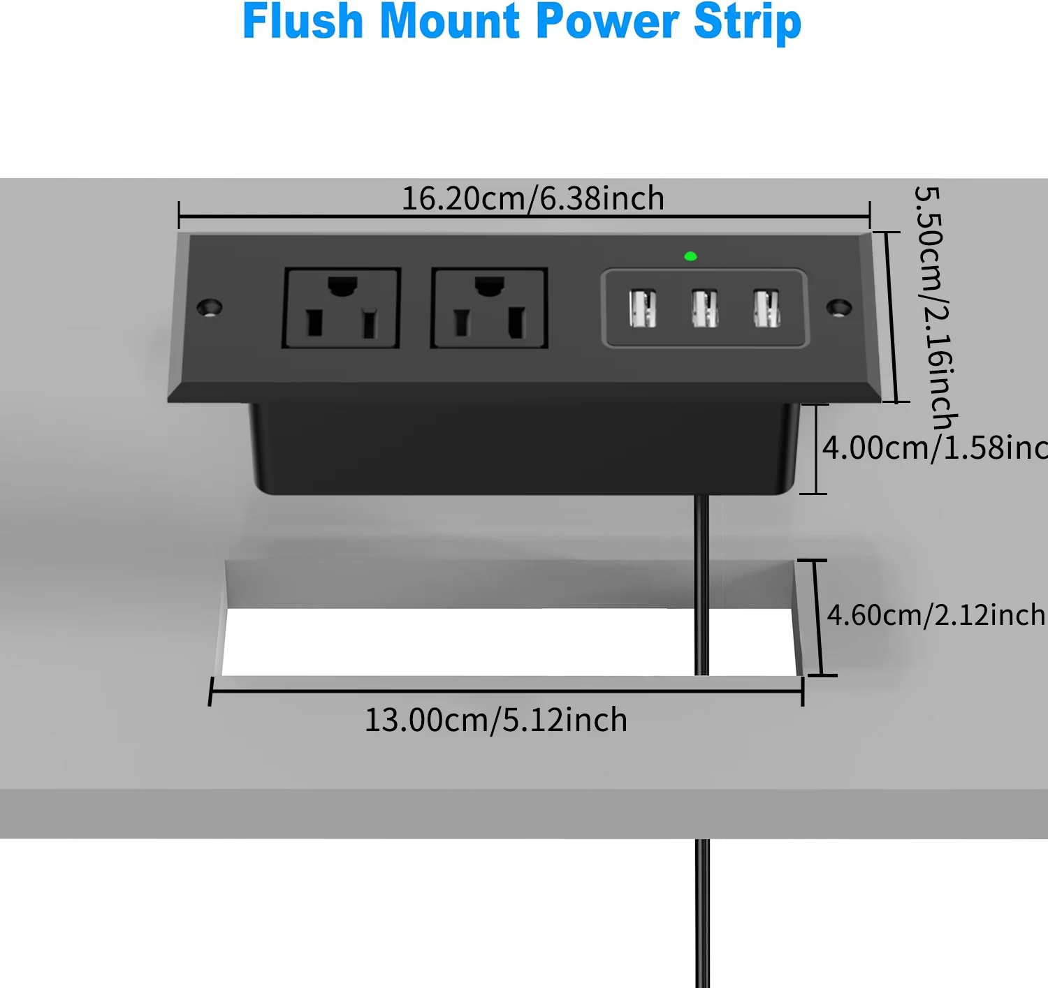 Embedded Power Strip with 2 AC Outlets 3 USB-A (5V 2.1A) LED Indicator Light with 1.5M Extension Cord for Home Office