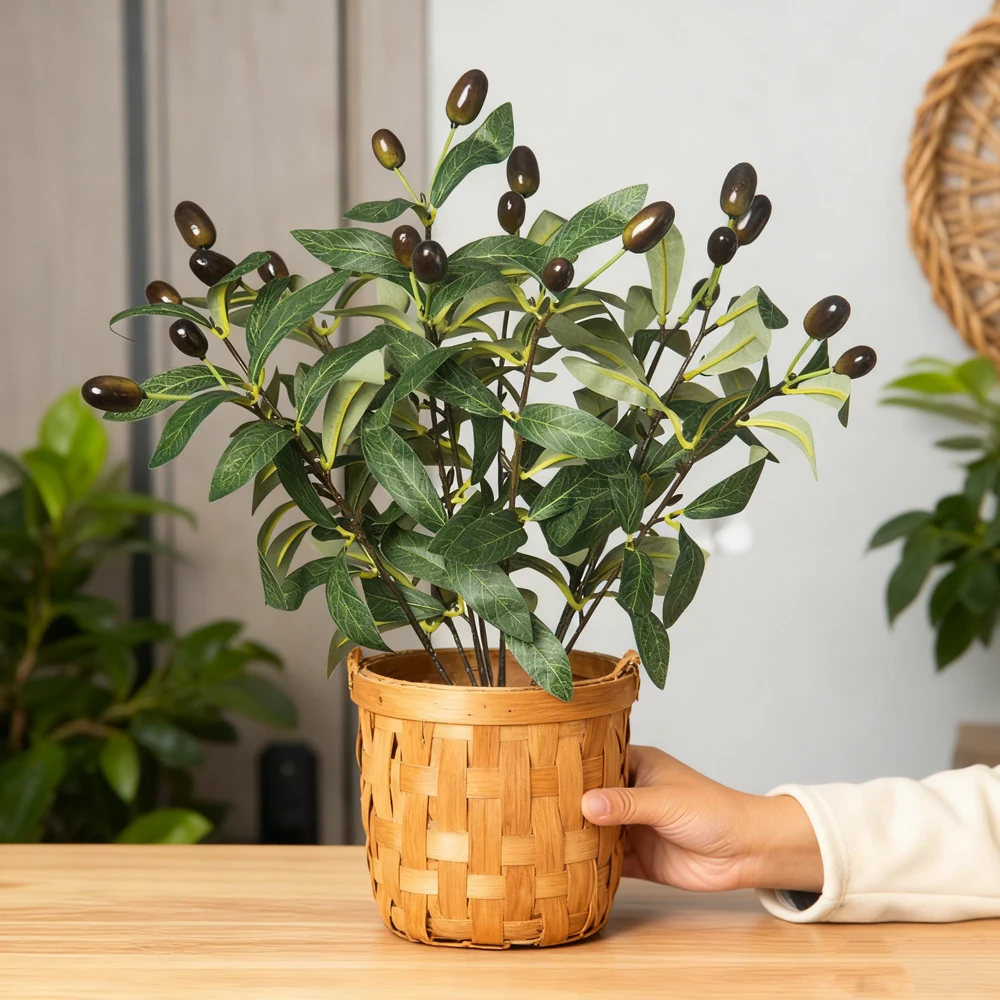Rama de olivo Artificial de 35cm, plantas falsas, hojas de olivo verde, baya de espuma, fruta de palma pequeña para decoración del hogar, jardín, fiesta de boda