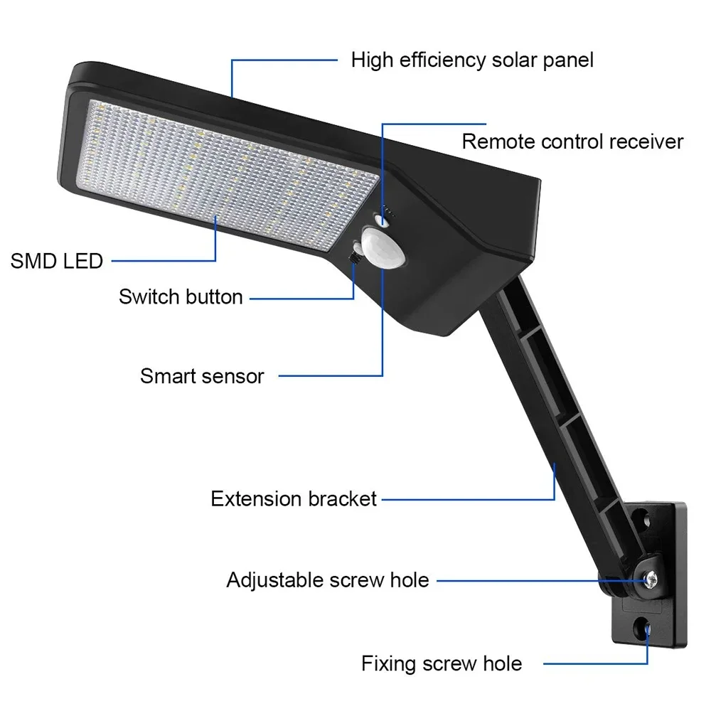 48 Led 800 Lm Solar Lights Buiten Wandlamp Pir Bewegingssensor Tuin Beveiliging Waterdichte Afstandsbediening Garage Zonne-Energie Licht