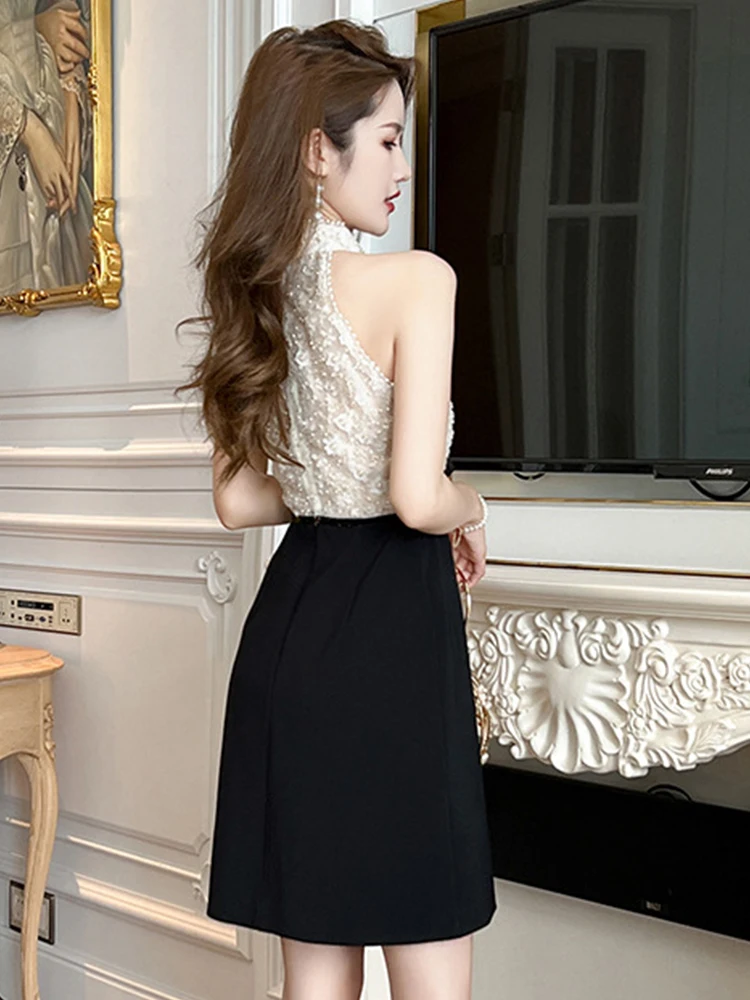 Vestido corto de noche de verano para Mujer, elegante, de lujo, elegante, agradable arco, sin mangas, ajustado, Mini Vestido acampanado para fiesta de graduación y cumpleaños