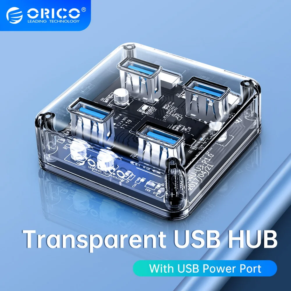 ORICO Transparent USB HUB 4 7Ports USB3.0 Adapter Splitter Support External Micro USB Power Supply for Desktop Laptop Accessorie
