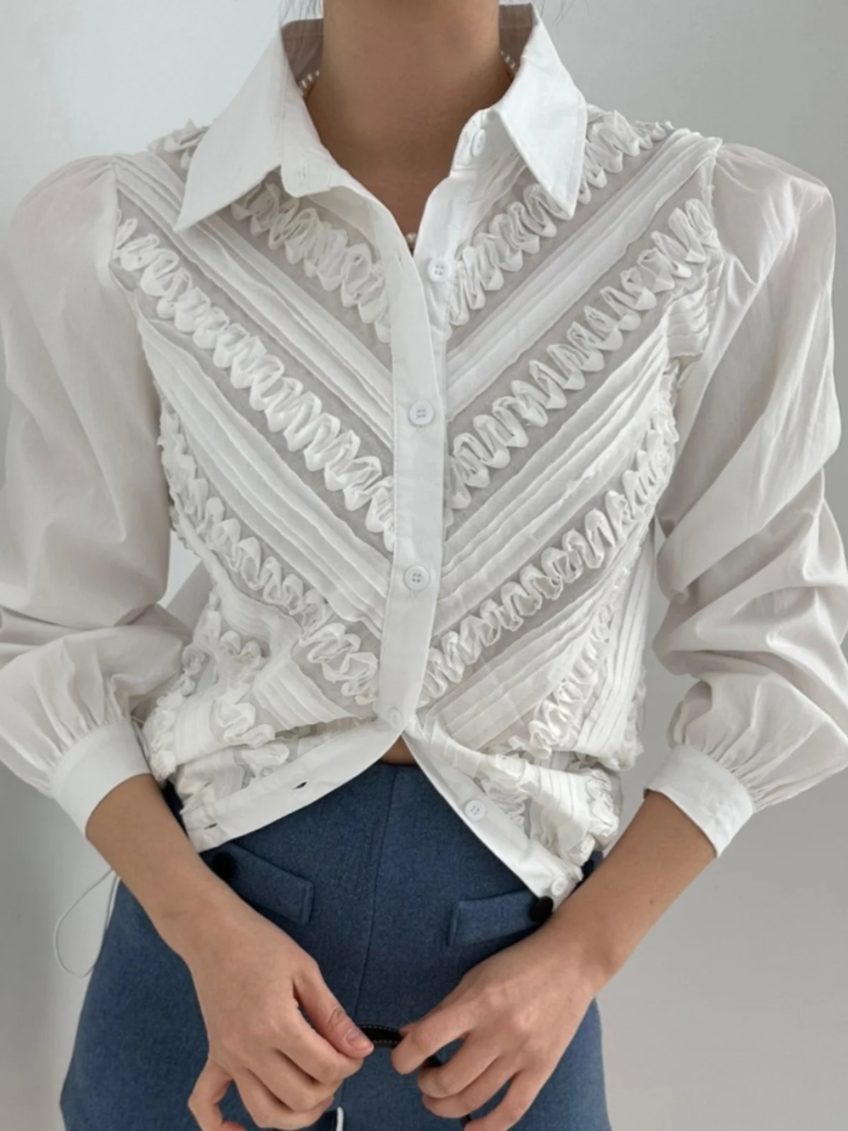 Retro gestreiftes irt Luxus Loose Bubble Sve Top für Damen, faionable Age-Defng Korean Sle Long Sve Collar