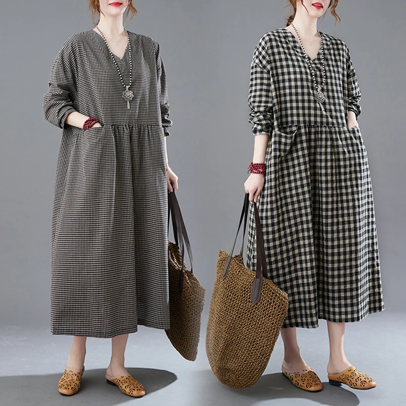 Retro Long Sve V-Ne Cotton Lin Dr plus Size Women's Clothing High Waist Spring Faion Commute Sle Printed Dr