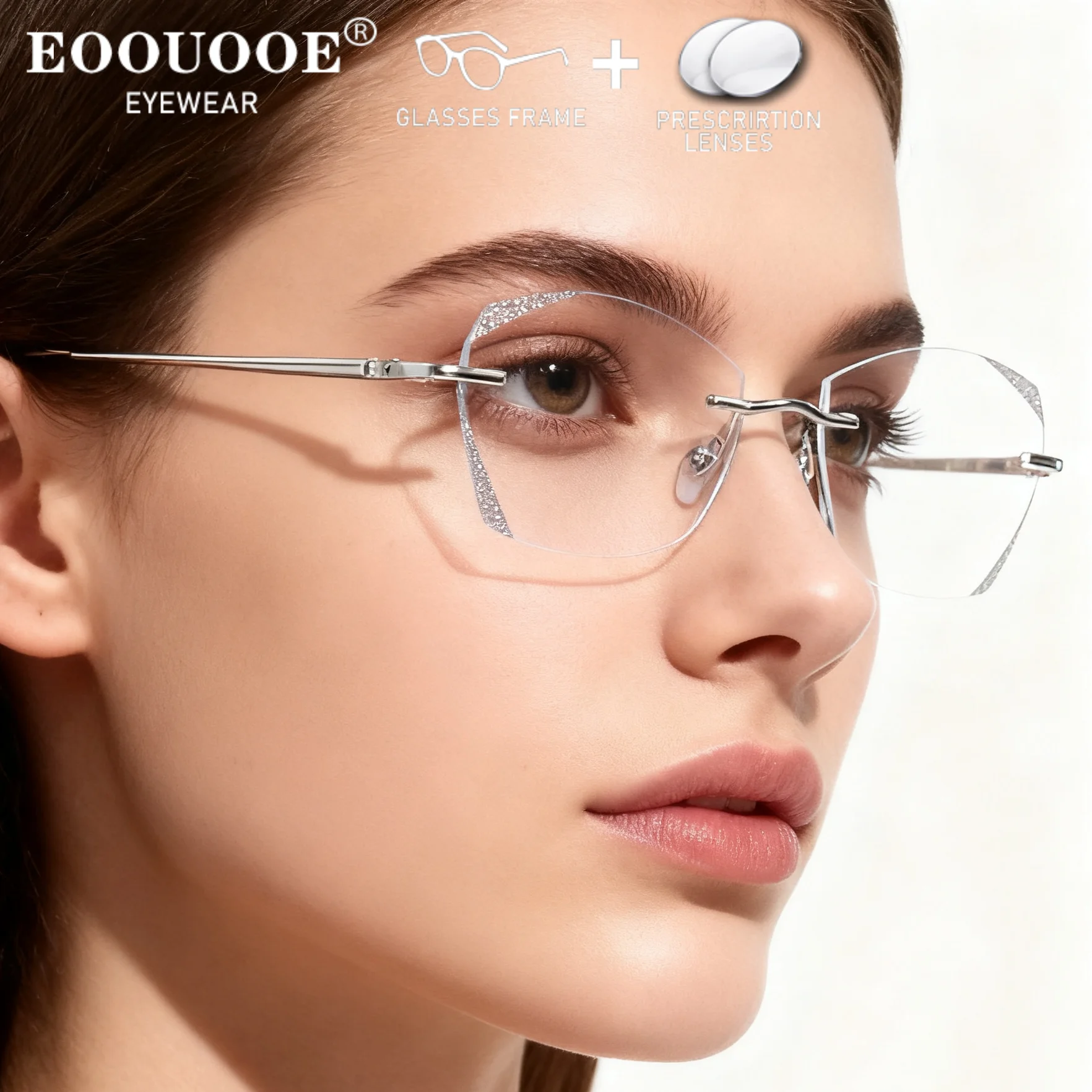 

Women Shining Pure Titanium Rimless Glasses Prescription Clear Lenses Myopia Hyperopia Progressive UV Anti-reflection Eyewear