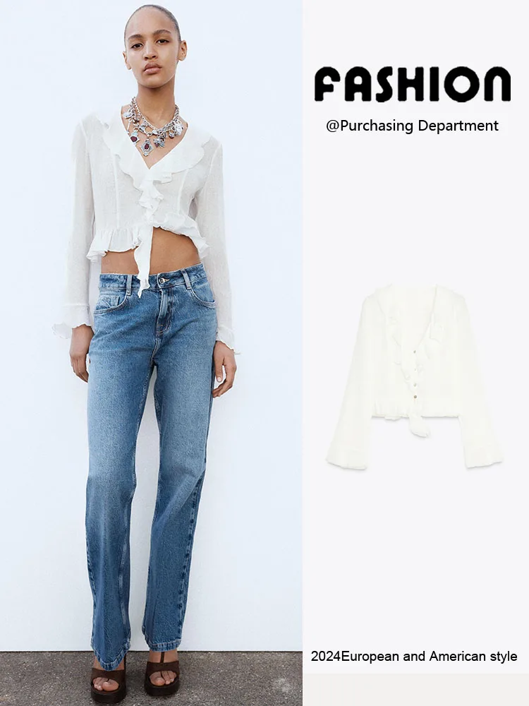 

Spring New Arrival Women's irt Simple Overlap Decoration Semi-Transparent Long Sve V-Ne Commute Sle 00% Other Material