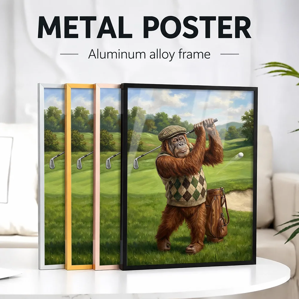 Orangutan Playing Golf Framed Metal Print Customized Photo Traditional Graphic Style Wall Art For Living Room Club Member Gift