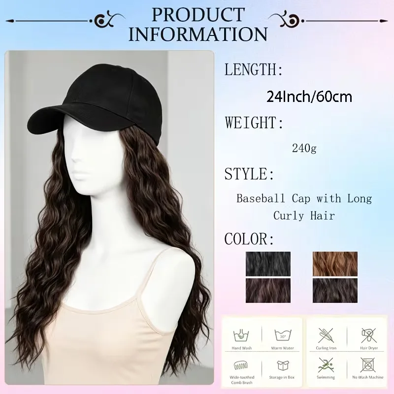 24Inch Synthetic Baseball Cap Wig Long Kinky Curly Hair Heat‑Resistant Adjustable Hat Wig for Women Daily Party Use