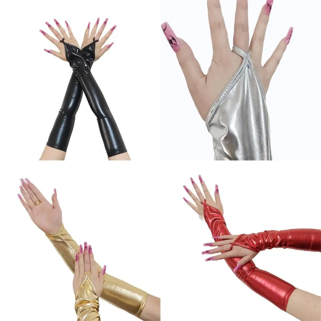 

39BB Elegant Faux Leather Elbow Length Gloves With Glossy Finish Suitable For Event And Shows