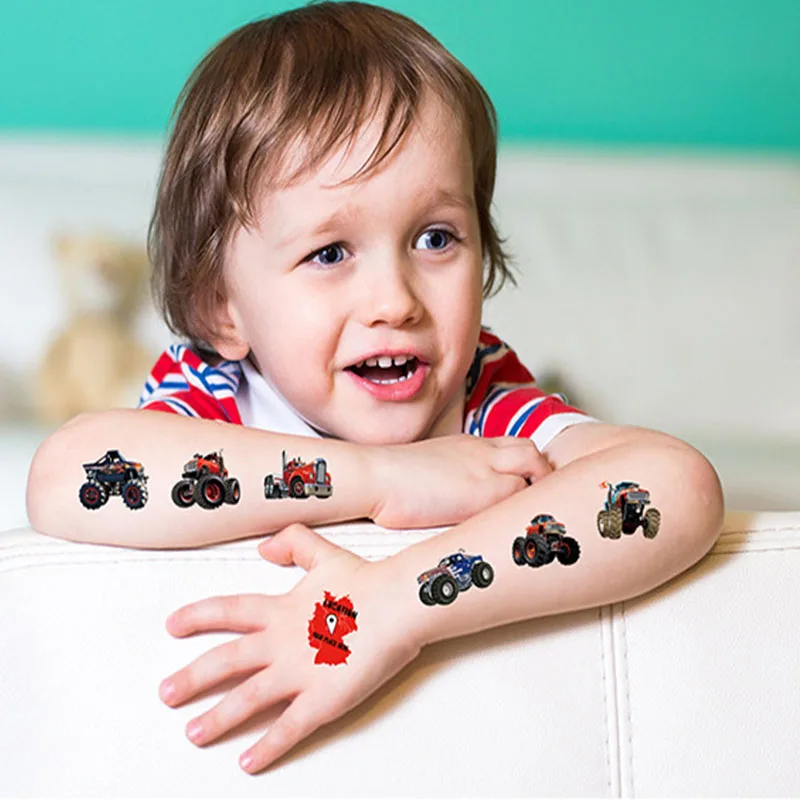 Tatuajes de Mini coche para niños, pegatina falsa, tatuajes temporales impermeables, cara brillante, dibujos animados, Festival