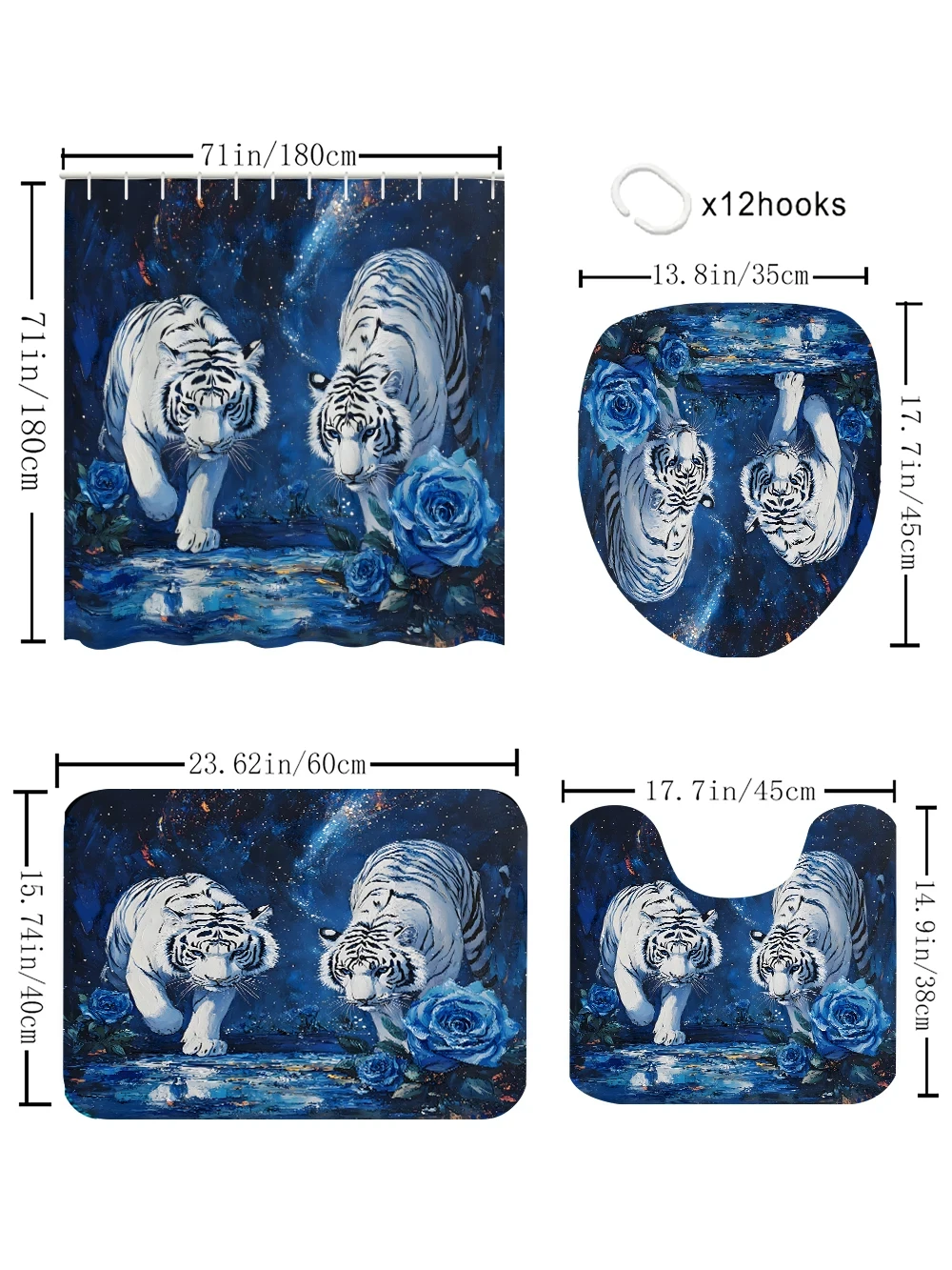 White Tiger Bathroom Four-Piece Set - Avant-garde Waterproof Shower Curtain, creating a complete bathroom suite