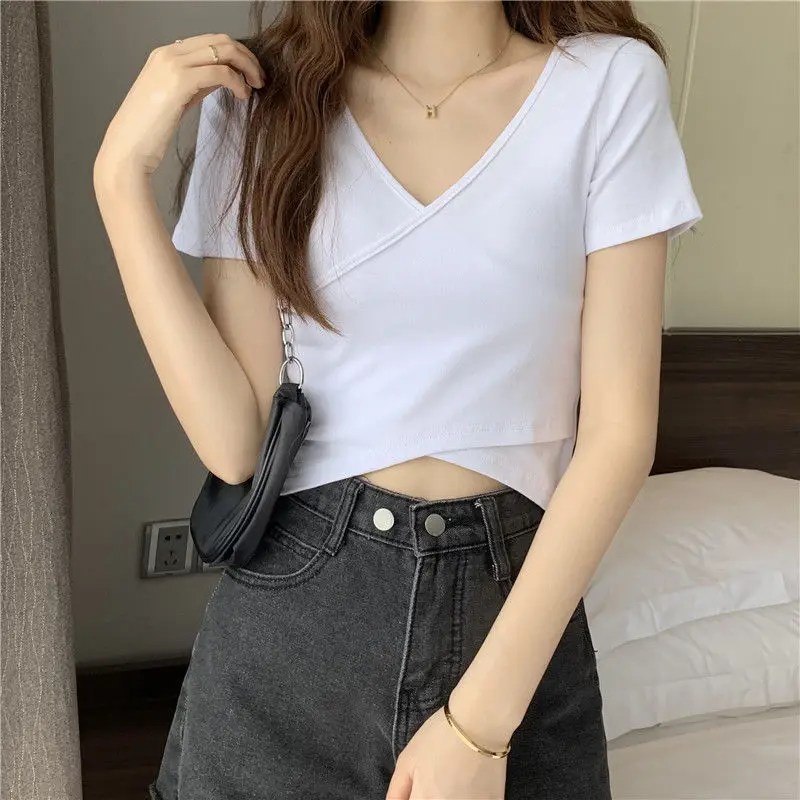 Cute Summer Cross T-shirt Women V-neck Solid Slim Skinny Tee Shirt Femme Korean Fashion Cropped Tshirt Woman Tops