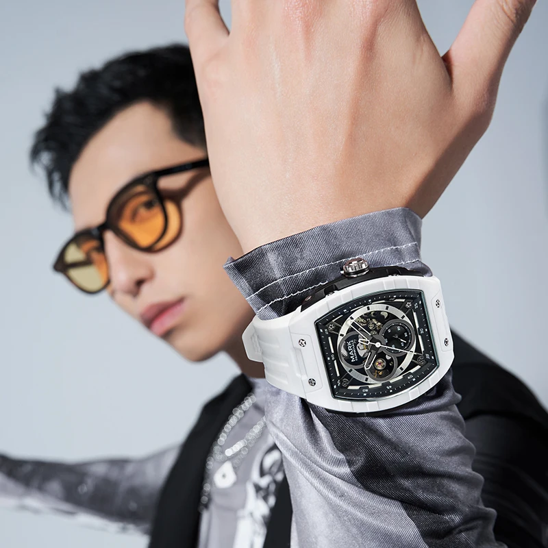 Mark Fairwhale Brand Rubber Strap Waterproof Luminous Men's Automatic Mechanical Watch Barrel Shape Watch for Men