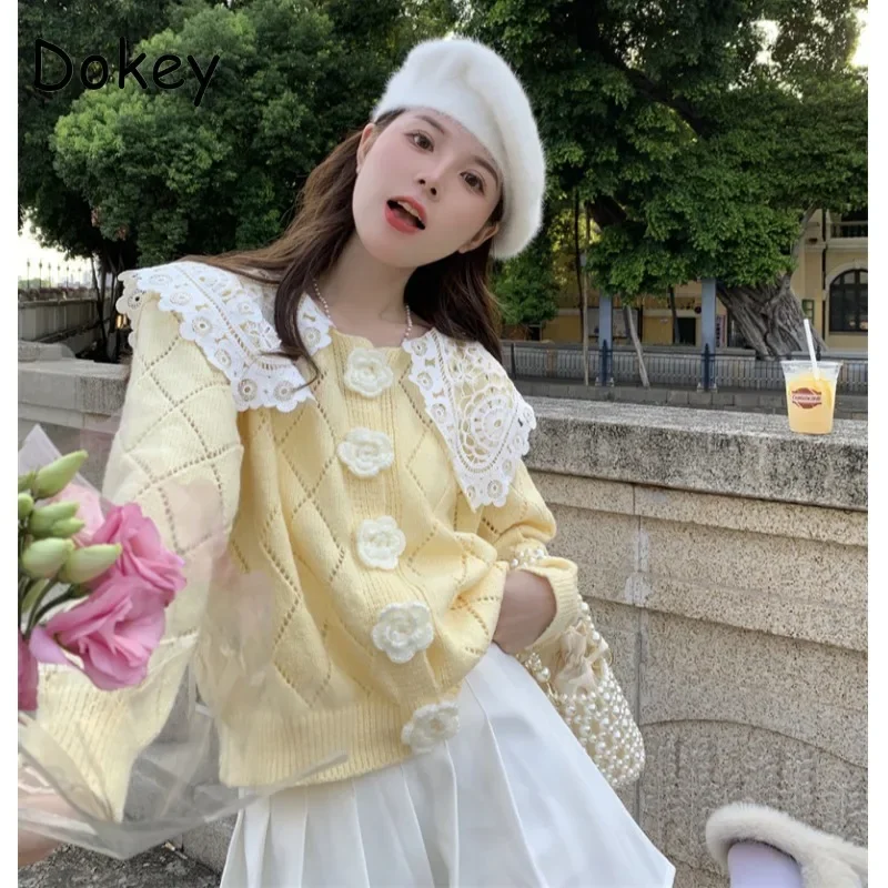 Vintage Hollow Out Peter Pan Collar Patchwork Sweaters Cardigans Women Autumn Sweet Preppy Flower Button Kawaii Knitted Jackets