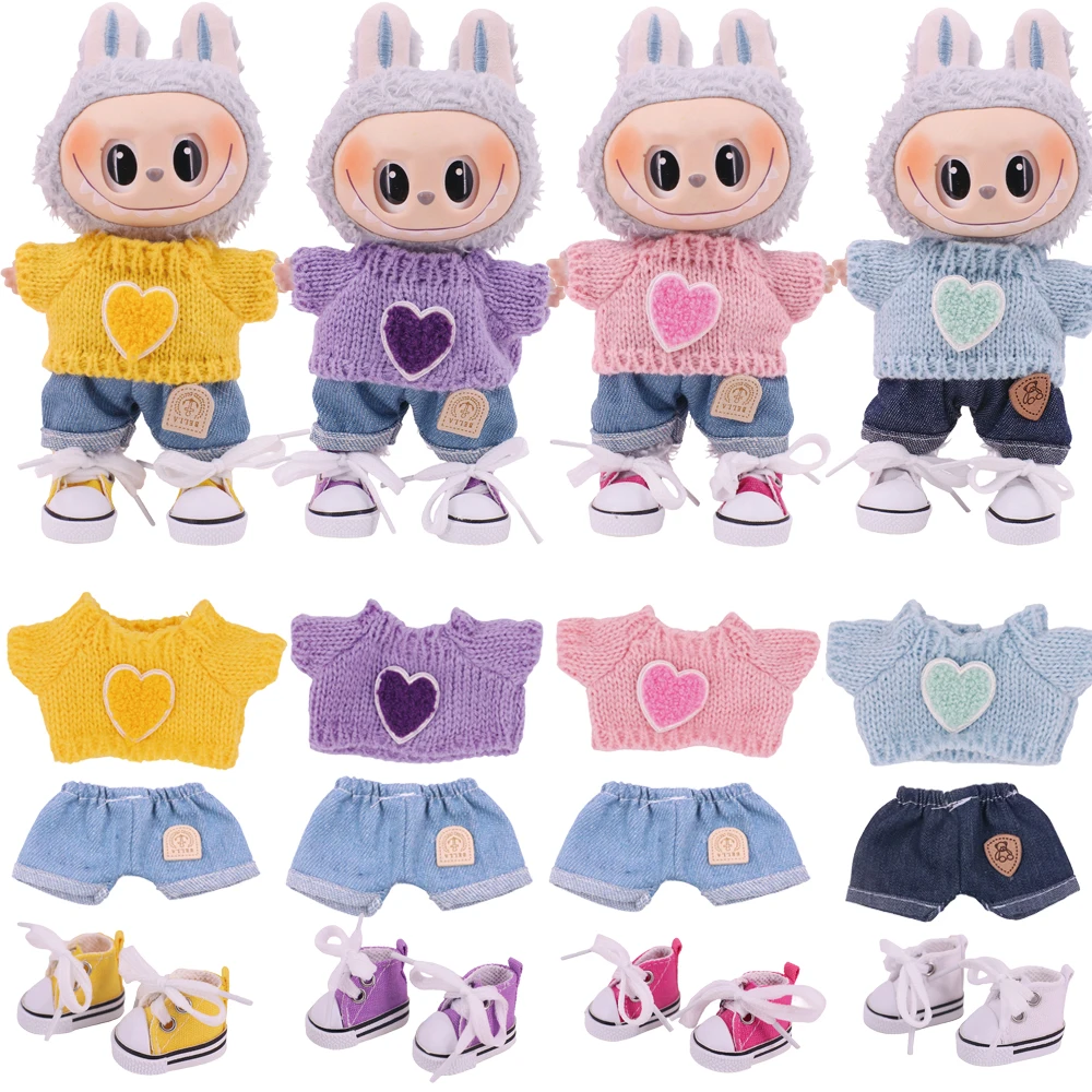 Одежда для куклы Labubu 17 см, 3 шт./компл., свитер + джинсы + обувь 3,8 см для первой и второго поколения Labubu, детские игрушки, подарок на день рождения