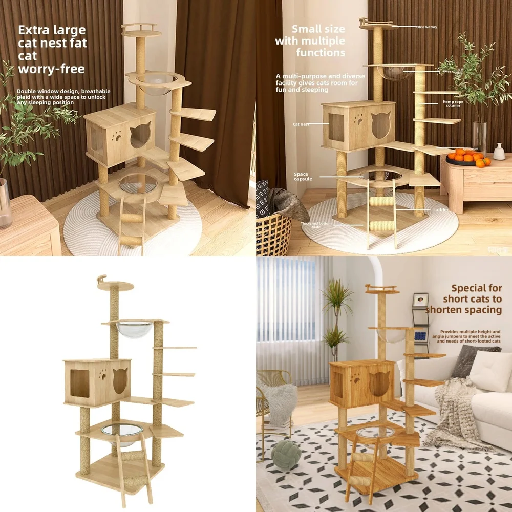 

2026 hot sell Solid wood multi-functional cat climbing frame, rotating ladder wear-resistant sisal