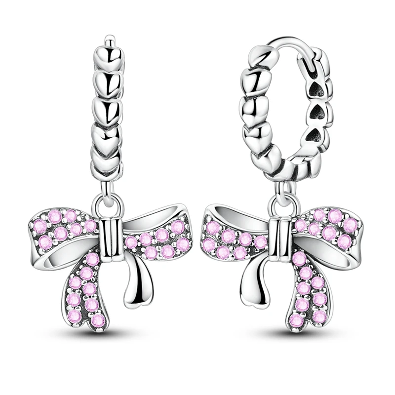 

925 Sterling Silver Earrings Women Pink Bow Drop Earring For Anniversary Wedding Jewelry Gifts