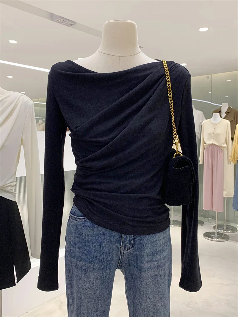 French Italian Mode Casual Long Sleeve T-Shirt Women's Slim Fit Folding Design One Word Collar Autumn Fashion Elegant Style