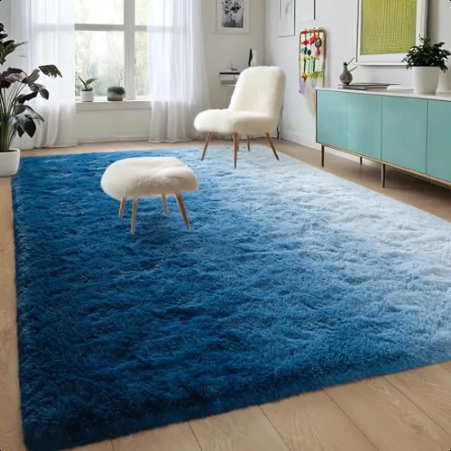 

Luxury Fluffy Rugs for Living Room Bedroom 4x6 Feet Shaggy Gradient Navy Blue Area Rug for Girls Boys Upgrade Plush NonSlip and