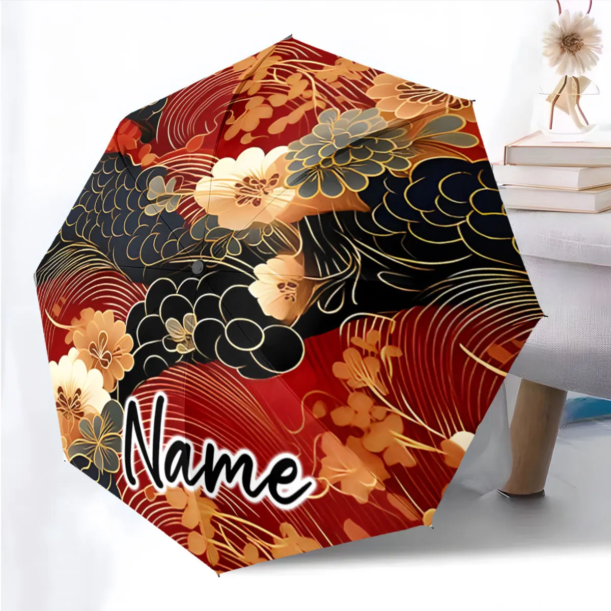 Custom Name Elegant Floral Umbrella Design with Bold Colors Print 8 Iron Ribs Folding Umbrella Auto-Open Fashion Sunshade