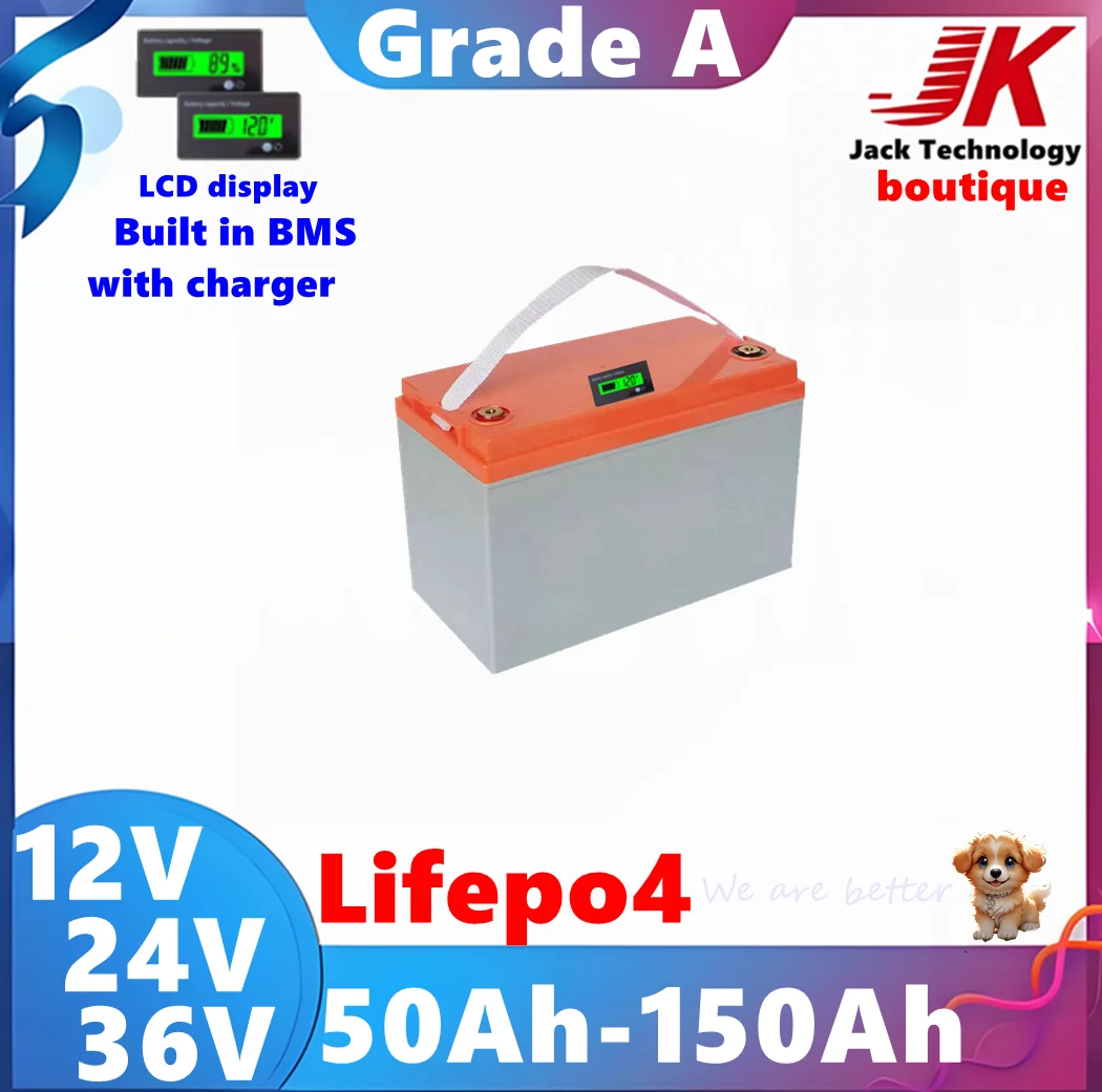 

JK lifepo4 12V100AH 120Ah 150Ah 24V 36V 40Ah 50AH 60Ah 80Ah lithium battery deep cycle Inverter,RV,starter batteries+BMS+charger