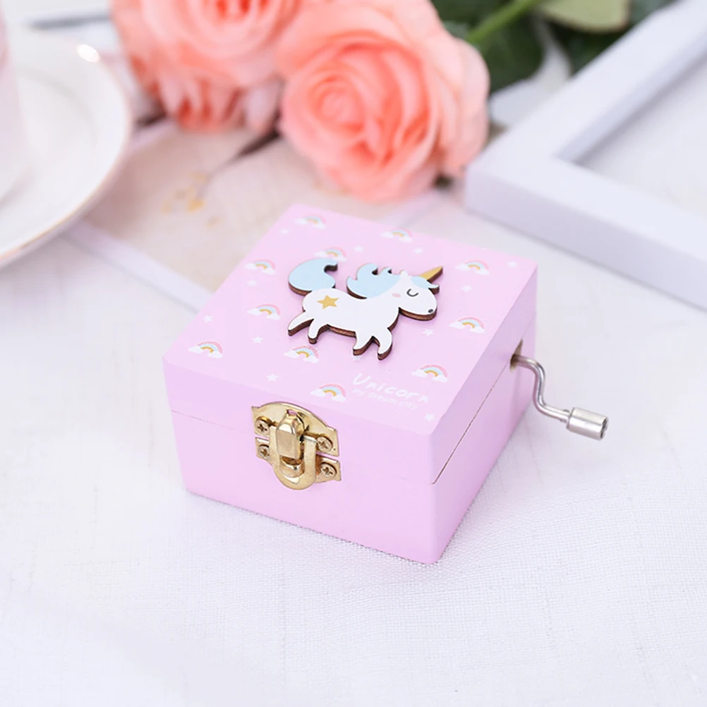 Wooden Music Box Hand-cranked Unicorn Pattern Miniature Wind Up Handmade Mechanical Rotation Box for Birthday Valentine's Gift C