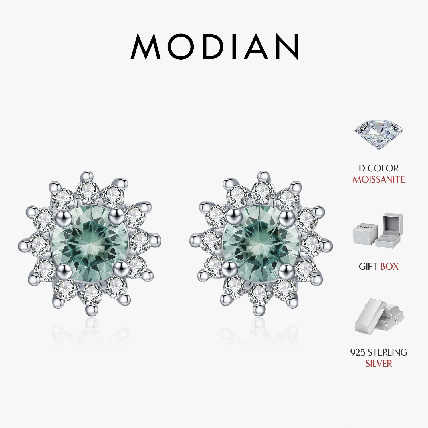 MODIAN 925 Sterling Silver 1CT Green Moissanite Ear Studs Charming Sun Halo Earrings For Women Party Fine Jewelry