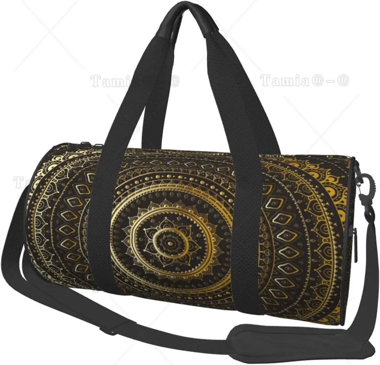 Sports Gym Bag Gold Black Mandala Ethnic Oriental Duffel Barrel Bag Backpack Lightweight Travel Cylinder Bags for Swim Training