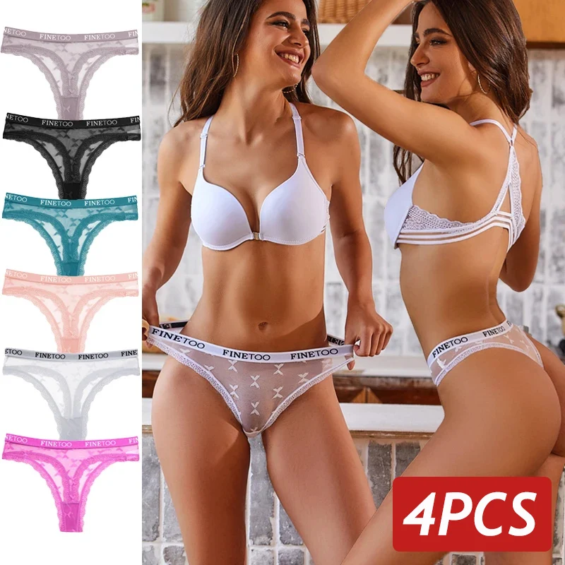 

4PCS/Set Sexy thong For Women Lace Panties FINETOO Women's Panties Low Waist Underwear Solid Comfort Female Underpants Lingerie