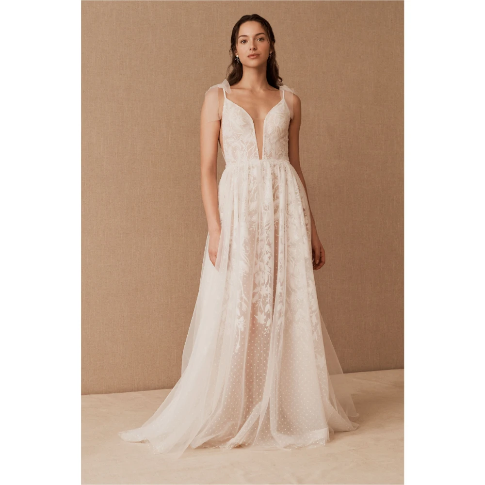 

ESBRIDE floral wedding dress V-Neck Wedding Dresses Lace Applique A-Line Civil Bride Gowns backless vestidos de novia Customized