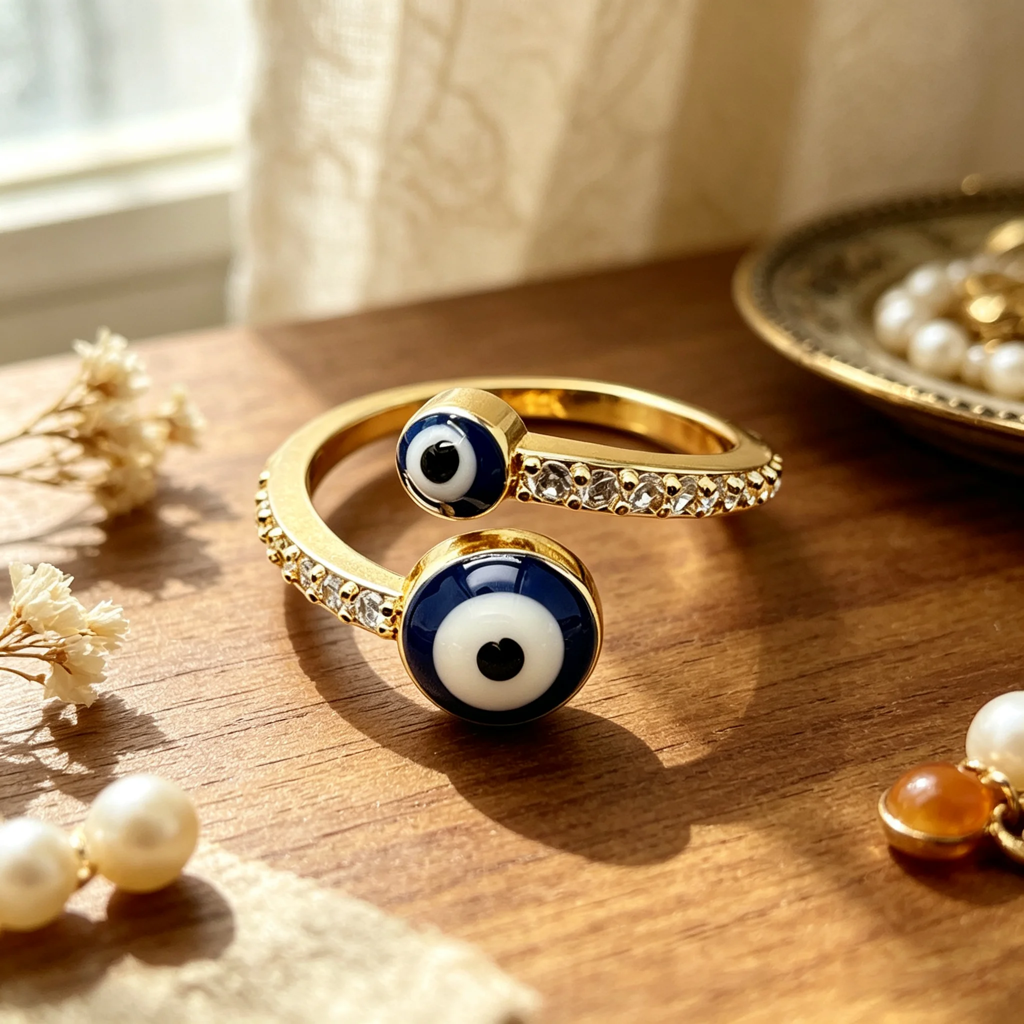 Evil Eye Rotatable Ring Women Blue Enamel Zircon Adjustable Open Band Lucky Protection Anti Anxiety Fidget Spinner Jewelry Gift