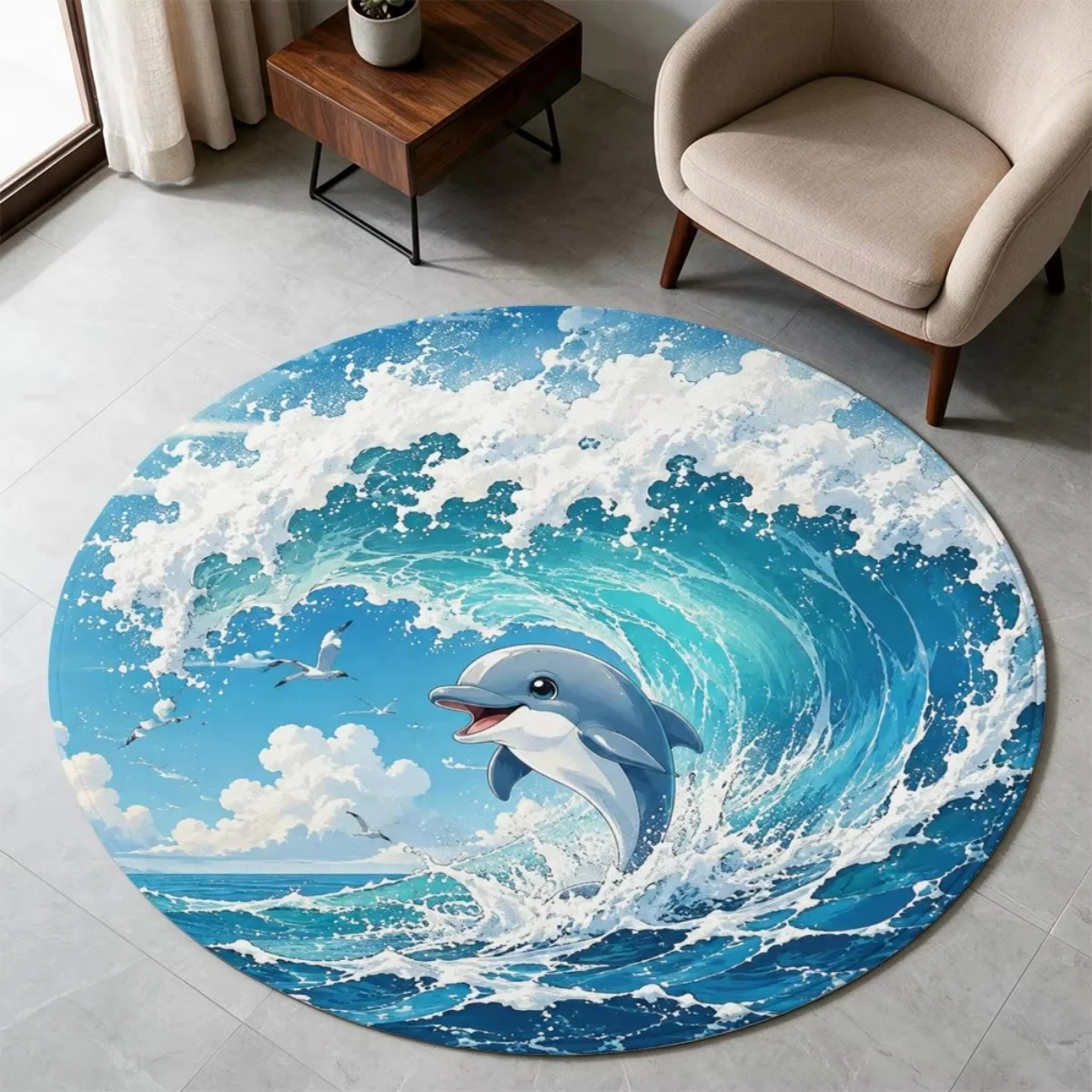 B16LYX Round Area Rug Ocean Wave Dolphin Print Home Decor Carpet, Circular Floor Mat for Living Room Sofa Coffee Table Decor
