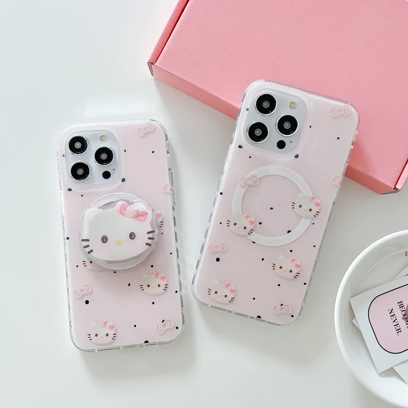 Cute Cartoon Sanrio Hello Kitty staffa magnetica Magsafe custodia per telefono con ricarica Wireless per iPhone 15 14 13 12 11 Pro Max Hard Cover