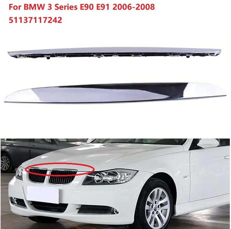 For BMW 3 Series E90 E91 2006-2008 51137117242 Front Bumper Above Kidney Grille Hood Cover 2Pcs Trim Chrome ABS