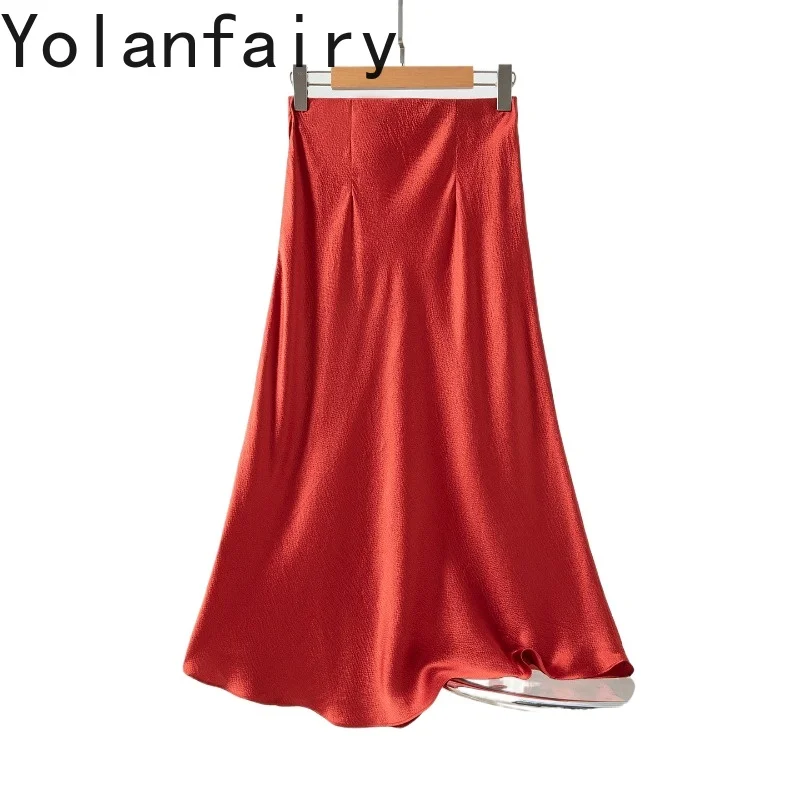 

Юбки из 100% натурального шелка YOLANFAIRY, женская одежда, летняя высококачественная атласная юбка с жемчужным блеском, элегантная юбка-рыбка, уличная мода