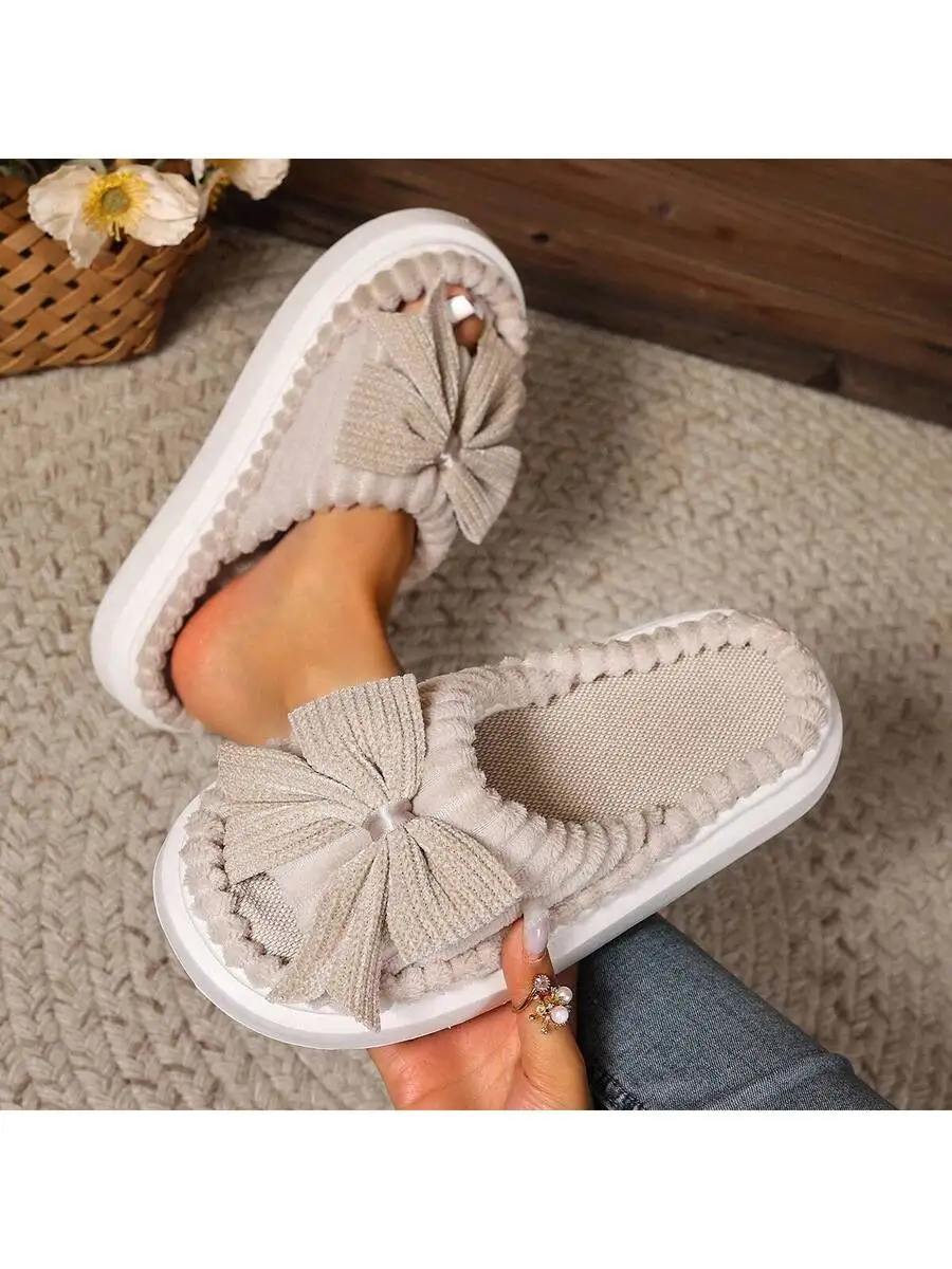 

Womens Bow Knot Open Toe Slippers, Comfortable Indoor Home Slides, Soft Plush Flat Sandals For Summer