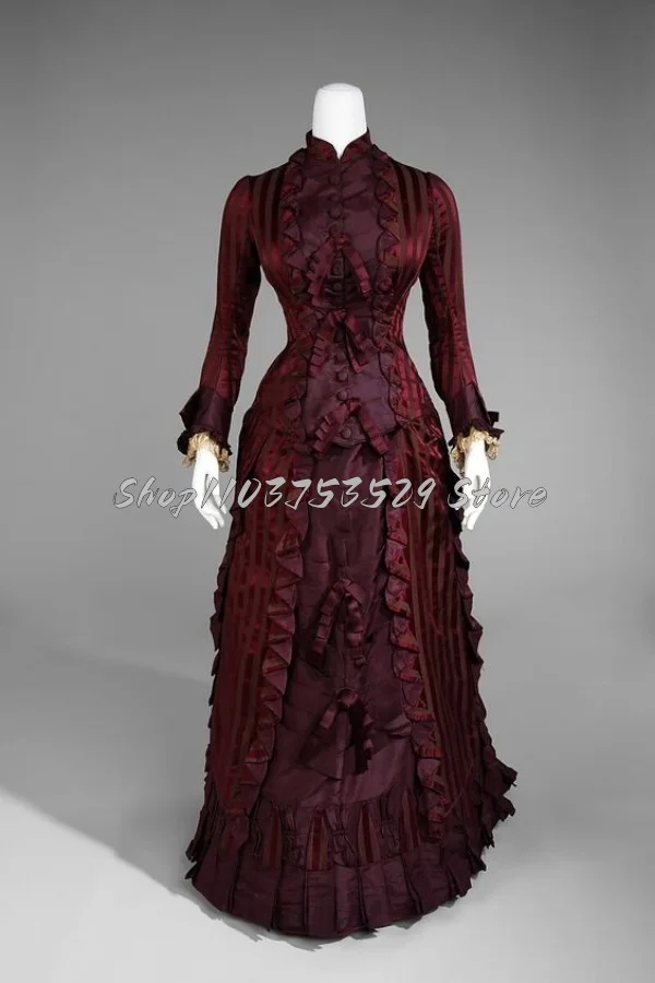 Vintage Burgundy Victorian Wedding Dress Classic Gothic High Neck Long Sleeve Corset Button Tie Ruffle Role Play Party Dresses