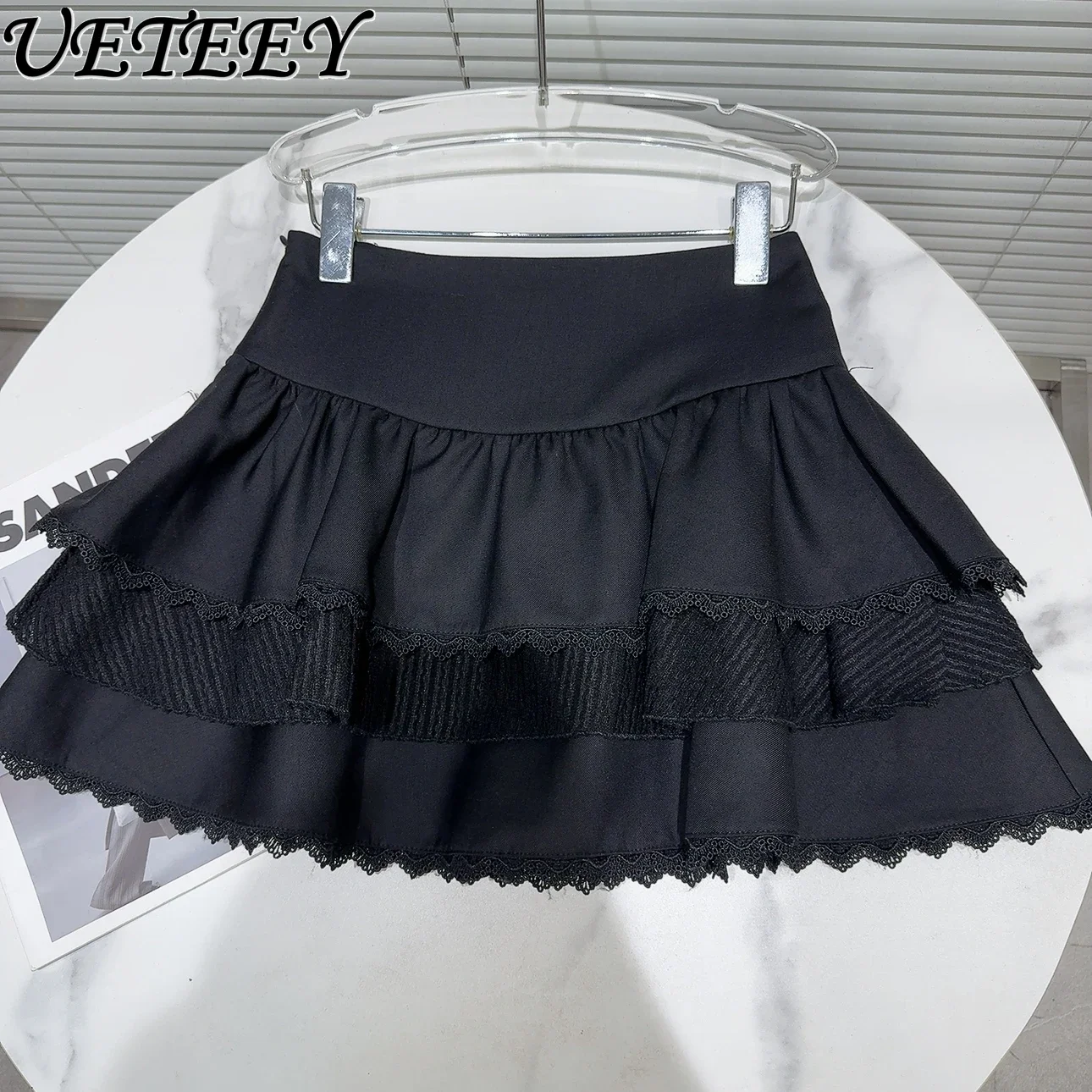 2024 Autumn New Sweet Girl Lace Edge Design High Waist Ballet Skirt Women Ruffle Leaf Edge Short Cake Skirt Female Black Skirts