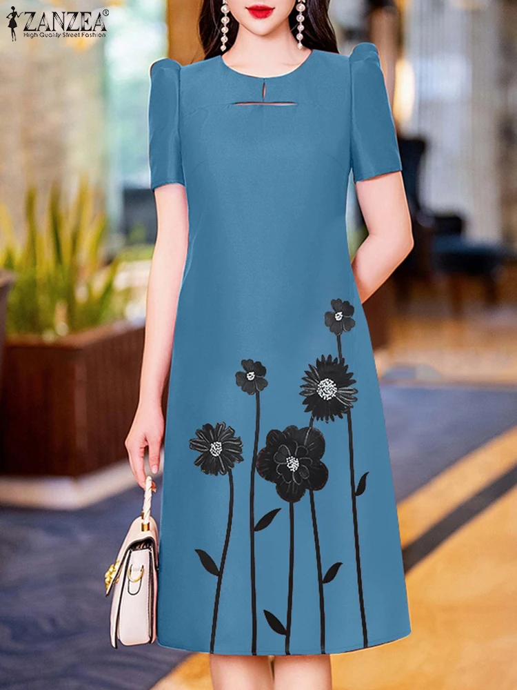 エレガントな女性用花柄プリントミディ丈ワンピース 2025 ZANZEA サマーオフィスワークサテンドレス スタイリッシュなパーティーサンドレス 半袖ワンピース