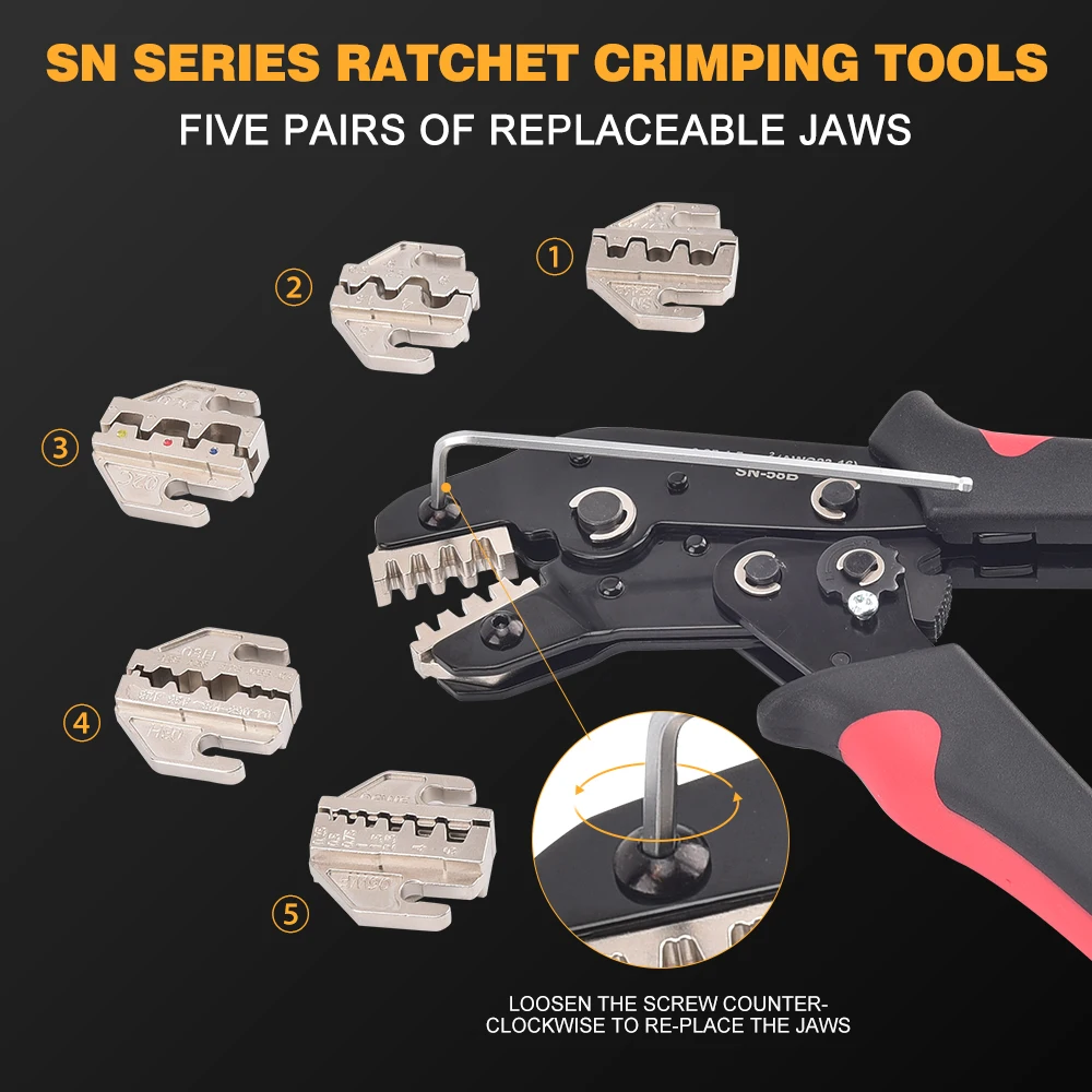 1 Zestaw 6 szt. Profesjonalnych szczypiec do zaciskania Sn-58B SN-06WF/06 SN-03H SN-02C SN-2546B Stal węglowa do 0,25-1,5 mm2 Awg23-16