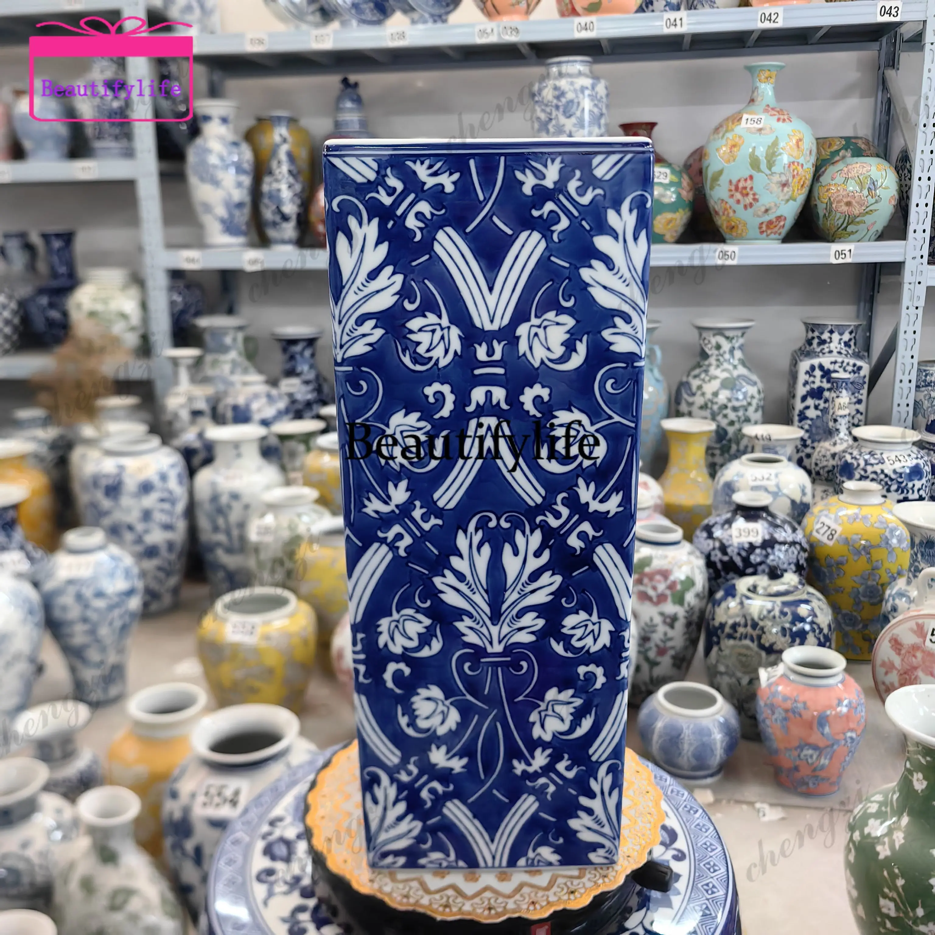 a55 Blue background square vase can be arranged with flowers, hydroponic porch Bogu frame, living room ornament decoration
