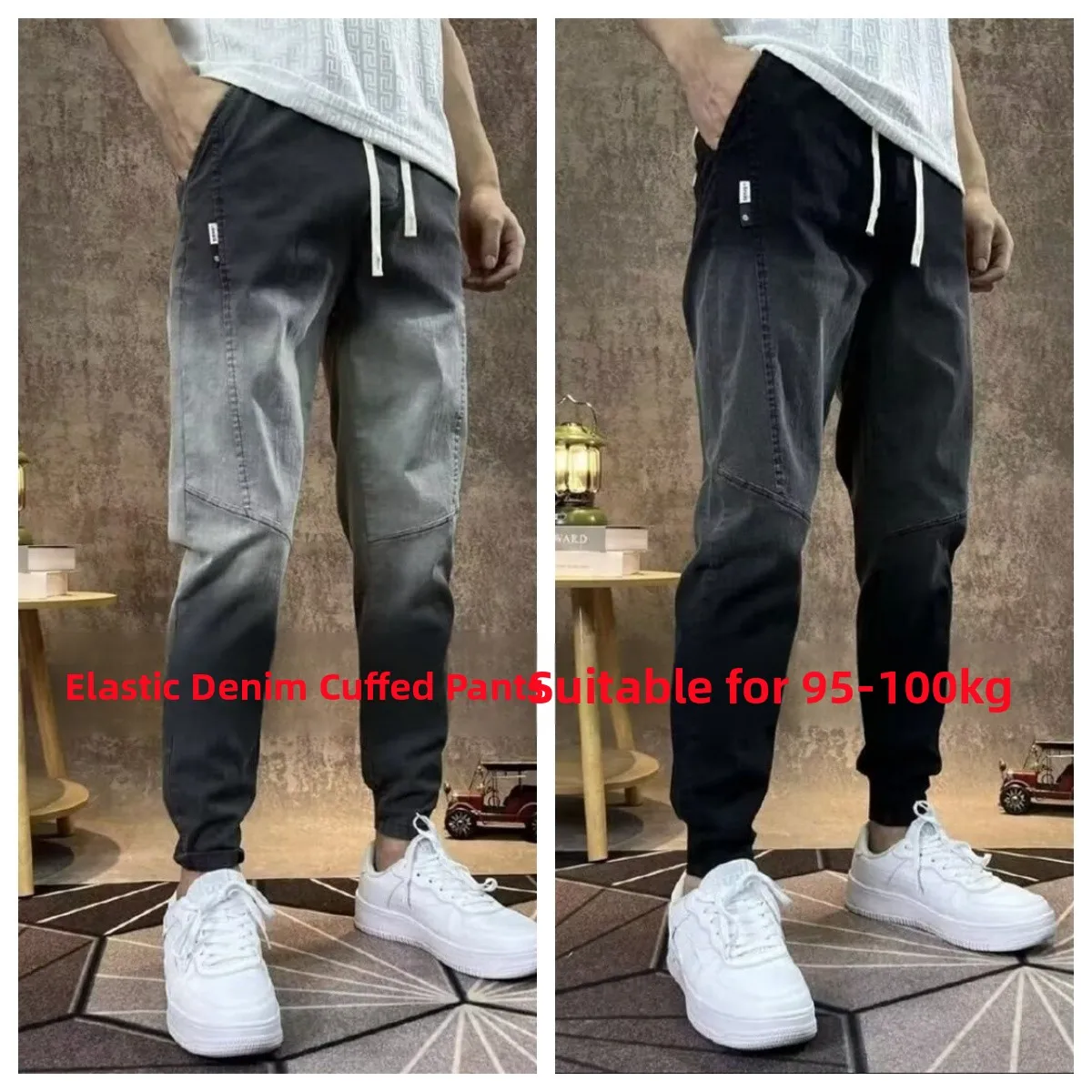 

Men's Casual Harlan Jeans Elastic Waist Cargo Pants adient Color Loose Fit Long Trousers Cotton Stretch Denim Workwear