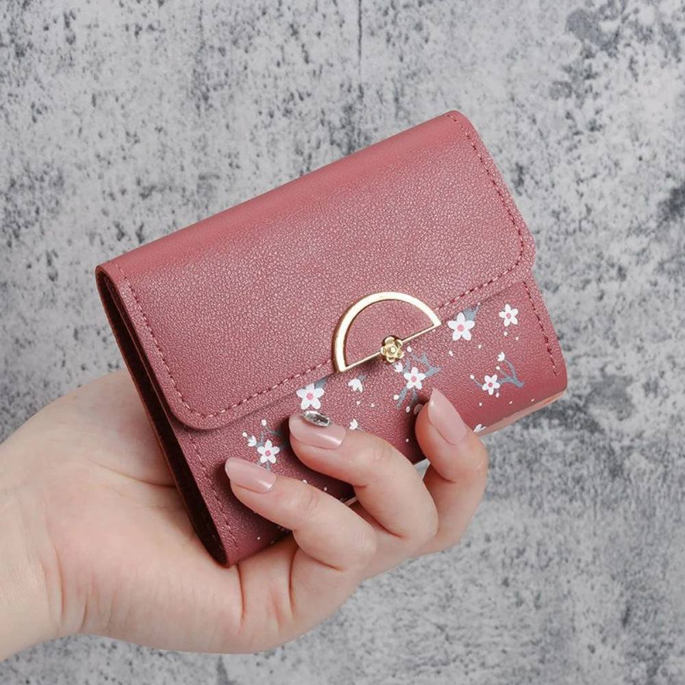 Flower Printed Purse Women PU Leather Three Fold Wallet Cash Bag Ladies Clutch Short Wallet ID Card Holder Cute Handheld Wallet