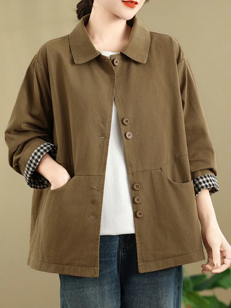 

Casual Cotton irt Jaet Women's Spring Faion Turn-down Collar Elegance Mom's Jaet Long Sve Pure Color Coat