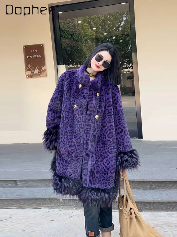 Stehkragen, Quaste, Leopardenmuster, verdickt, umweltfreundlich, Kunstpelzmantel, modischer europäischer Stil, lockerer, vielseitiger, schicker Kunstpelzmantel