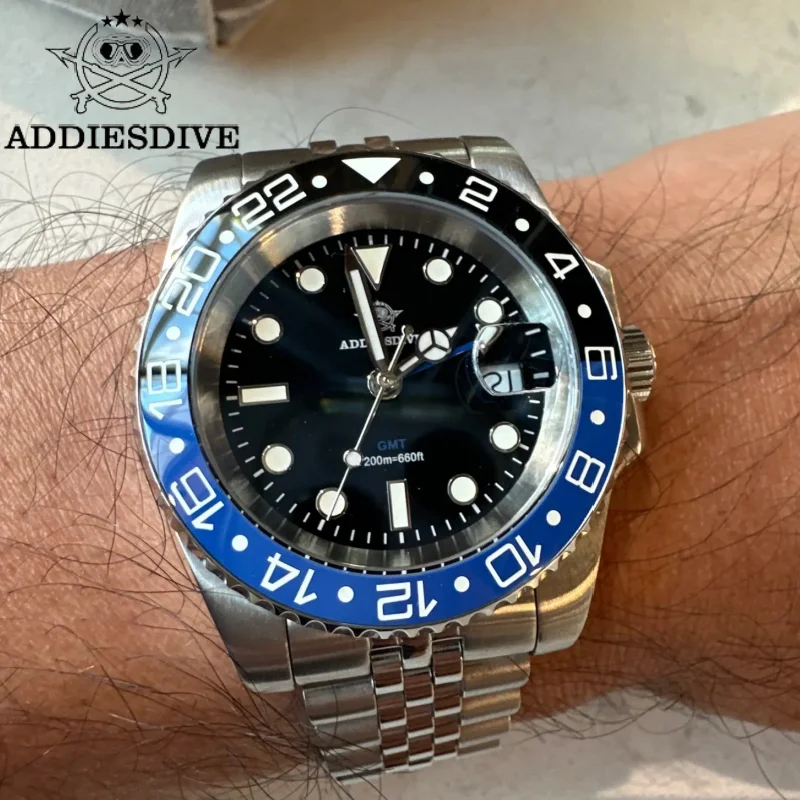 Addiesdive masculino gmt relógio ad2050 bgw9 super luminoso 20bar à prova dwaterproof água 316l aço inoxidável suíço landa 515-24h relógios de quartzo