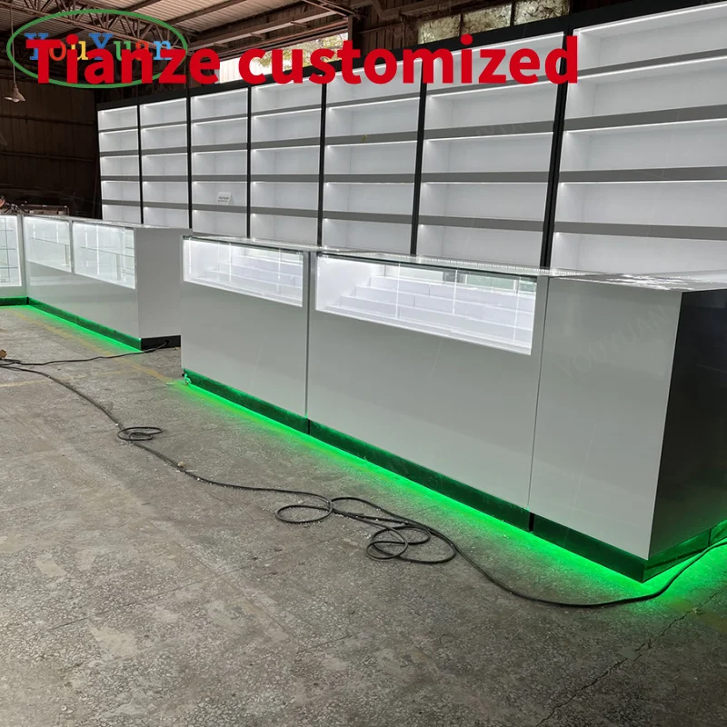 (customized)Smoke Shop Display Counter Dispensary 3D Design Store Interior Glass Display Showcase Smoke Shop