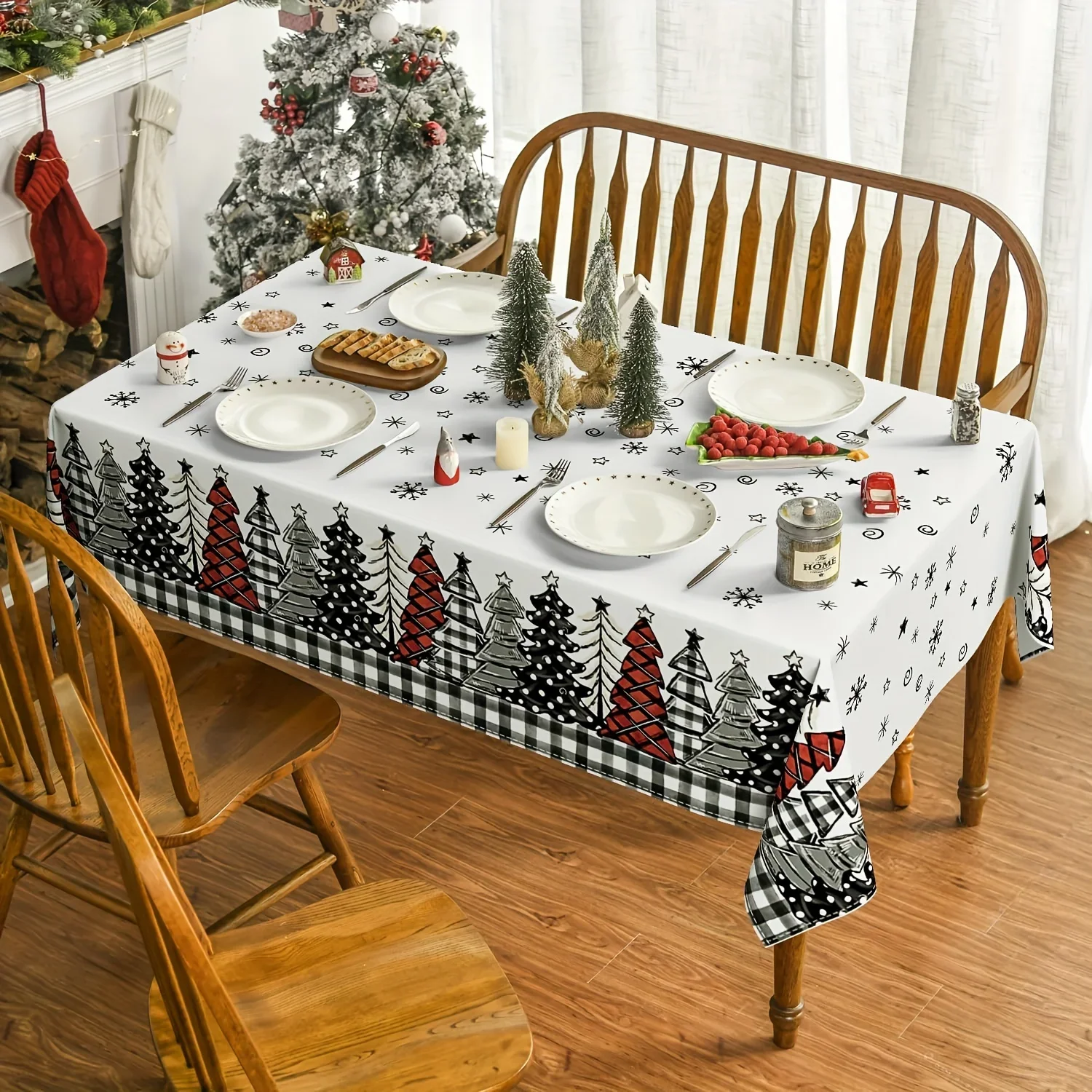 Merry Christmas Buffalo Plaid Rectangle Tablecloth Party Decor Winter Xmas Tree Waterproof Table Cloths Dining Room Table Decor